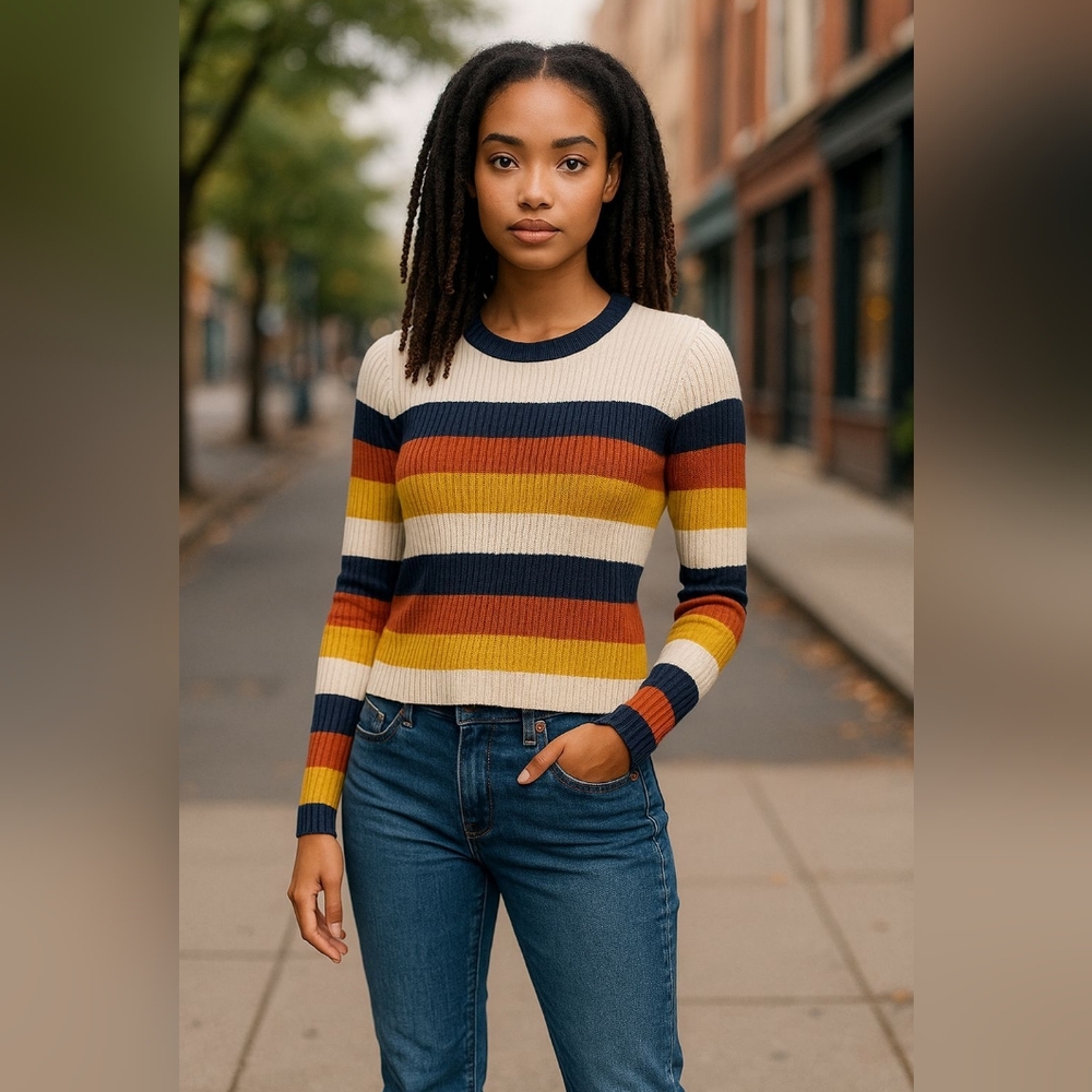 Sky and Sparrow Navy and Cream Ribbed Top